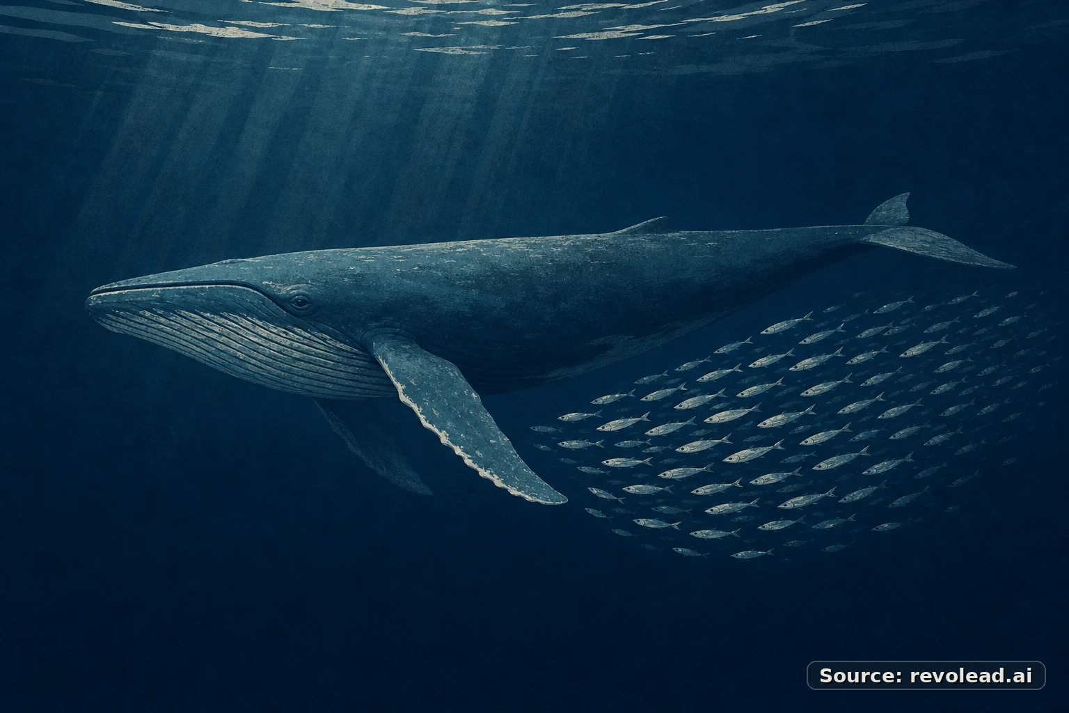 A whale leading a school of fish through deep blue ocean - scale, depth, and uncontested space.