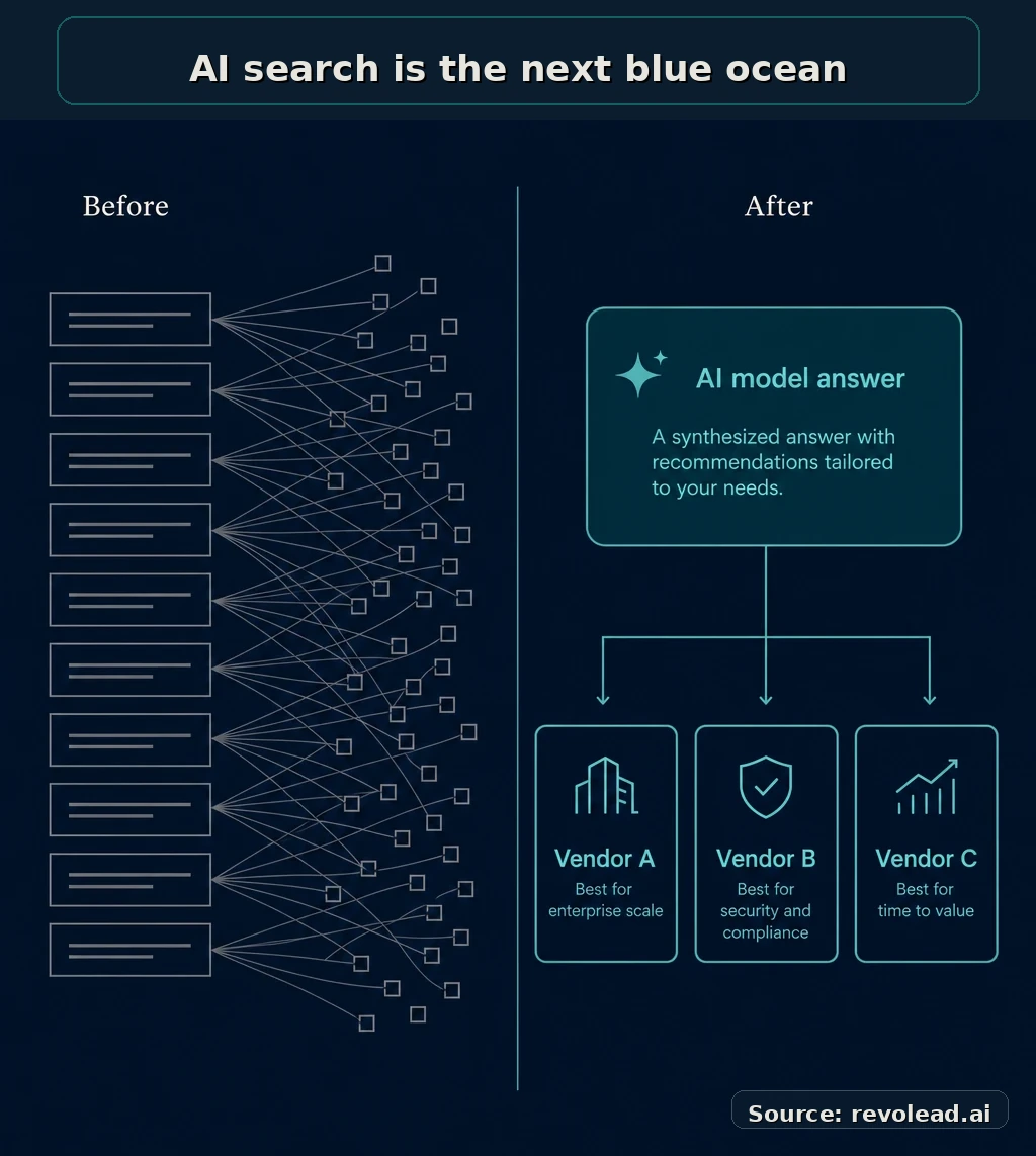 Before and after: ten ranked search links fan out to many vendors on the left; a single AI answer collapses to a curated three-vendor shortlist on the right.