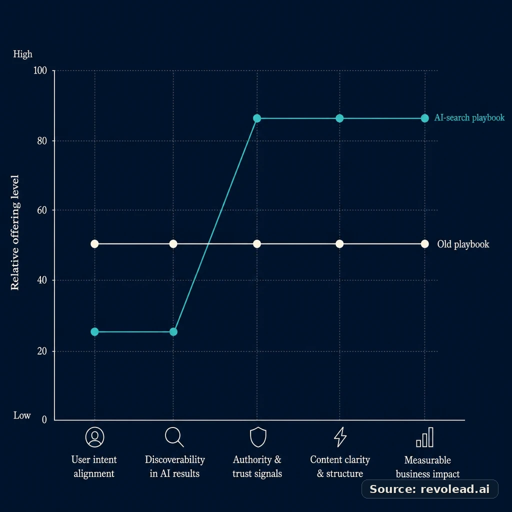 Strategy canvas showing a flat 'Old playbook' line across five factors and a rising 'AI-search playbook' line that breaks higher on the rightmost factors.