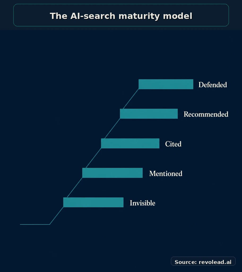 Five-step ascending staircase labeled Invisible, Mentioned, Cited, Recommended, Defended.