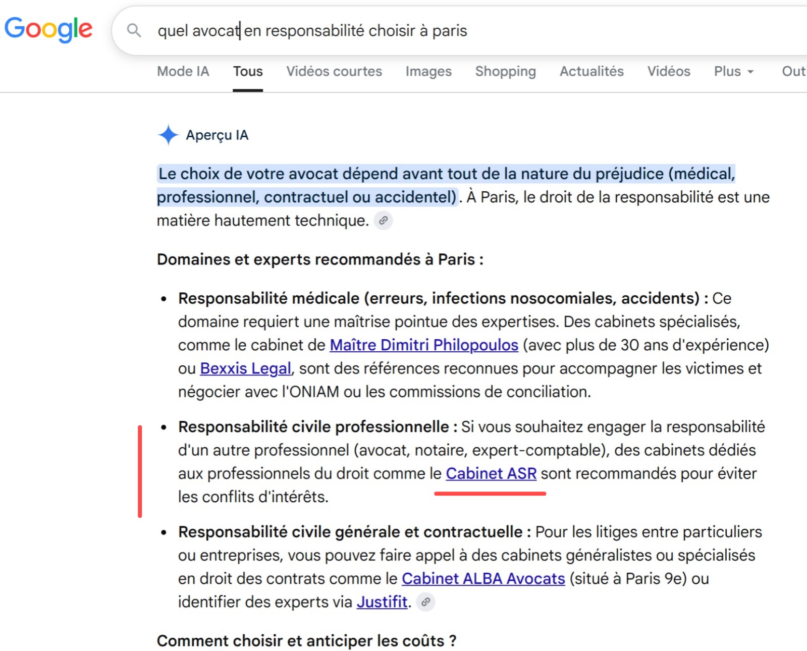 Aperçu IA Google recommandant le Cabinet ASR sur une requête de responsabilité d’avocat à Paris