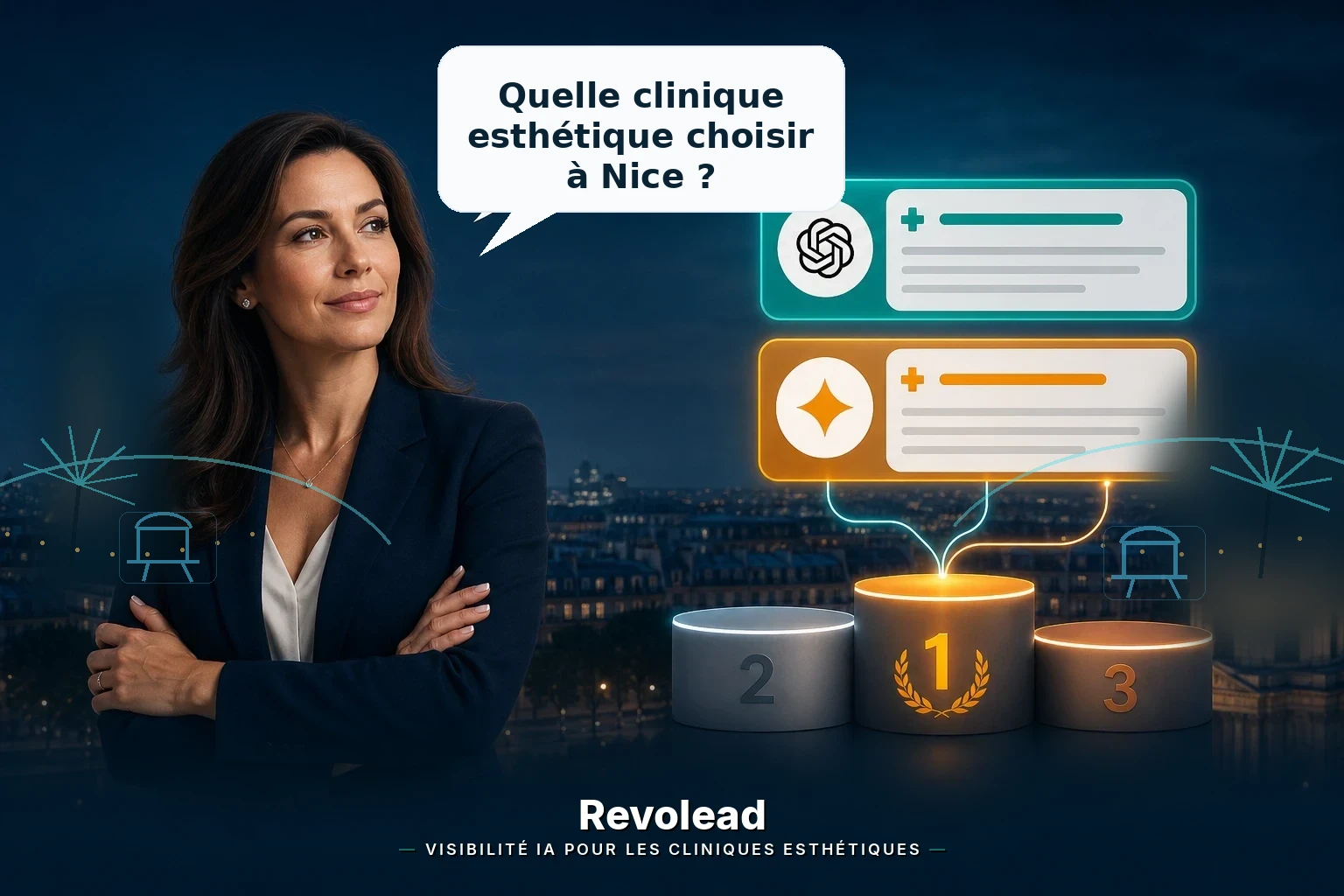 Image Revolead montrant Nice, la Côte d’Azur et la visibilité IA des cliniques privées dans les réponses ChatGPT et Google AI.